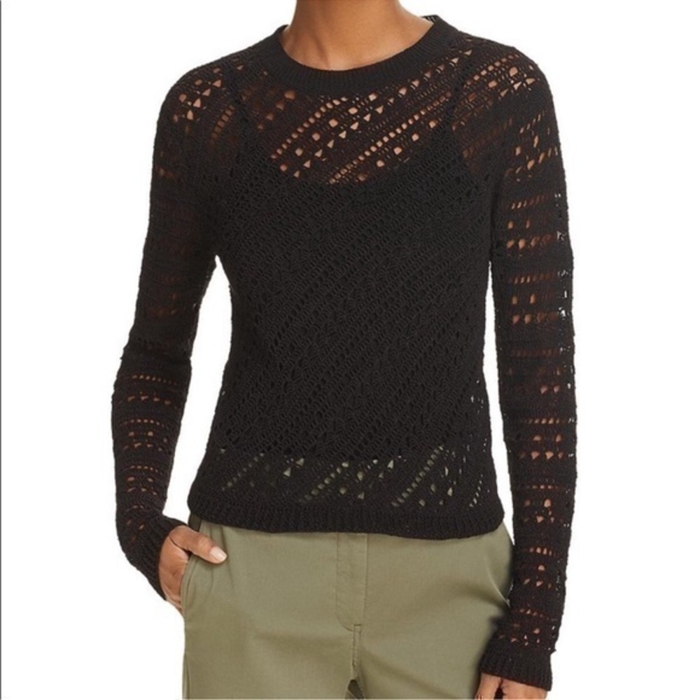 Theory Crochet Crew Neck Sweater Pullover Open Knit Cut Out Top Cotton Black S